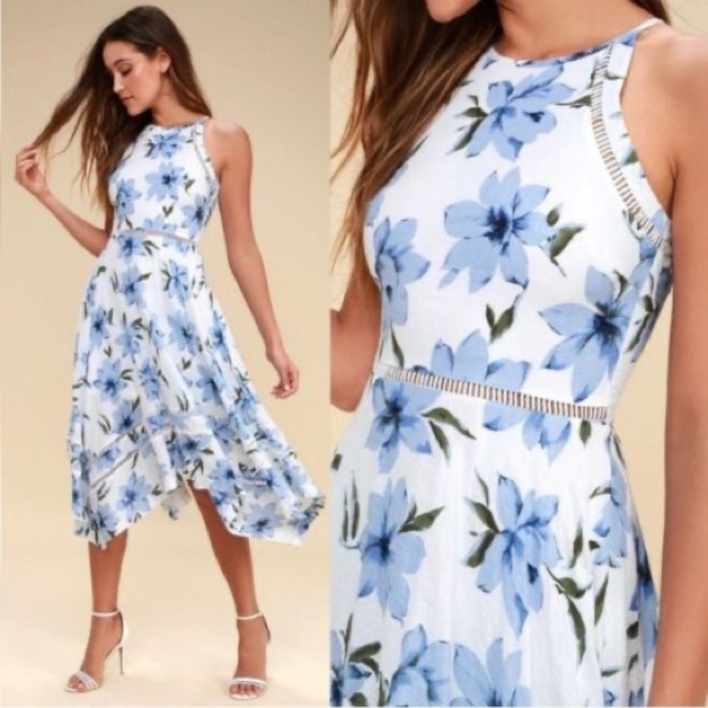 Lulus Zahara Blue and White Romantic Floral  Cotton Midi Dress XL Beach vacay